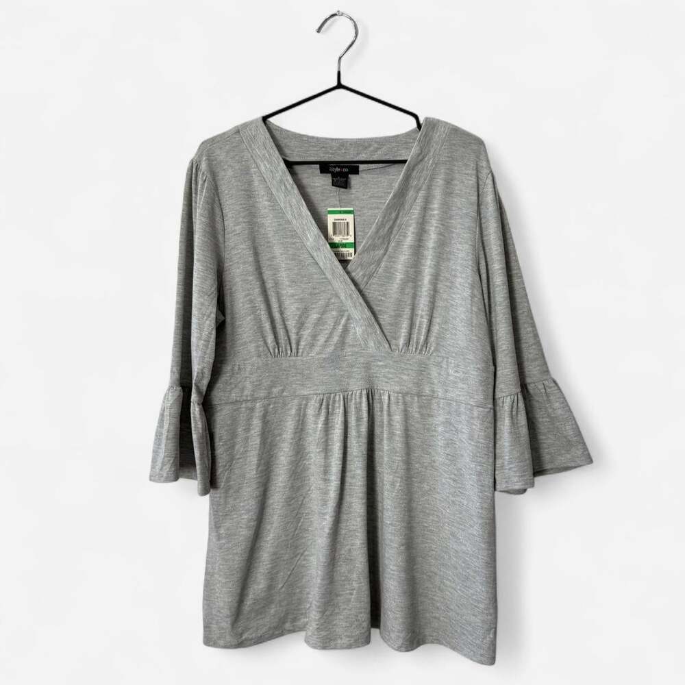 NWT baby doll Gray heathered Shimmer blouse bell sleeves empire waist